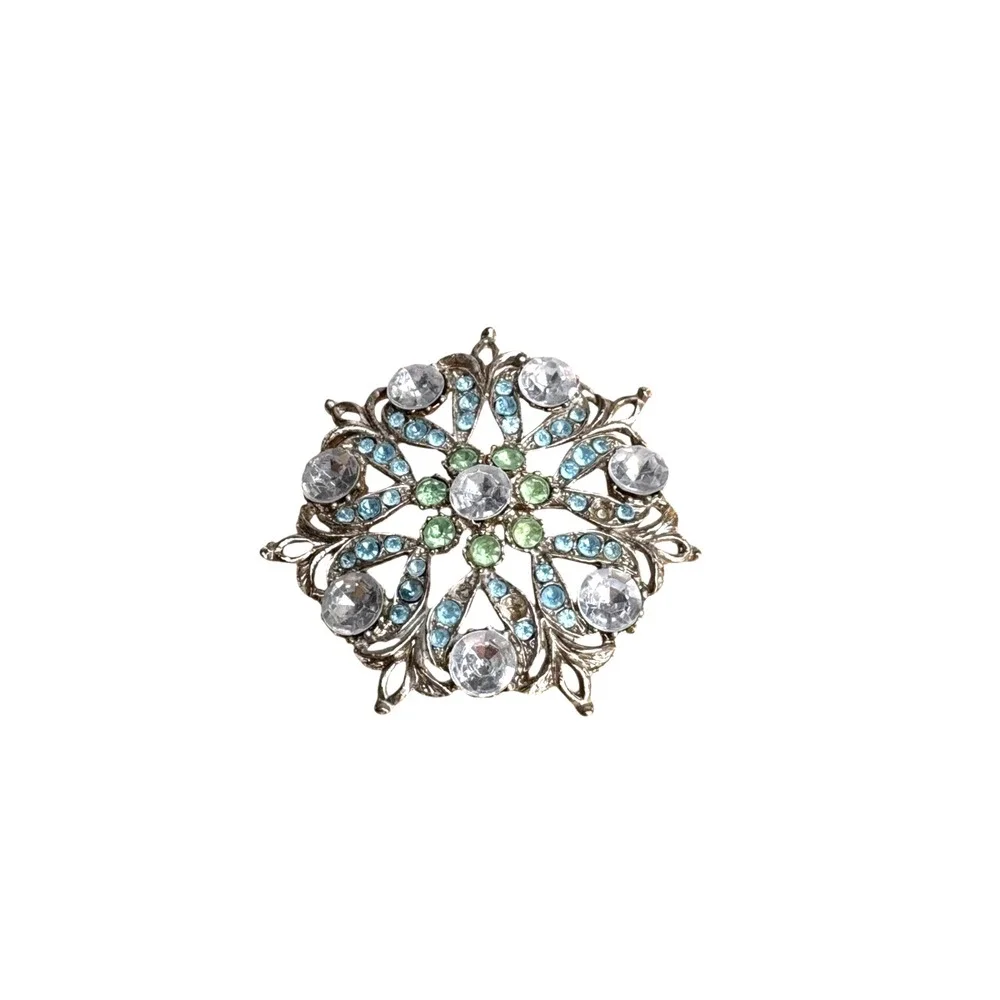 Vintage Rhinestone Floral Brooch‎ Mid-Century Starburst Silver Toned Blue Green